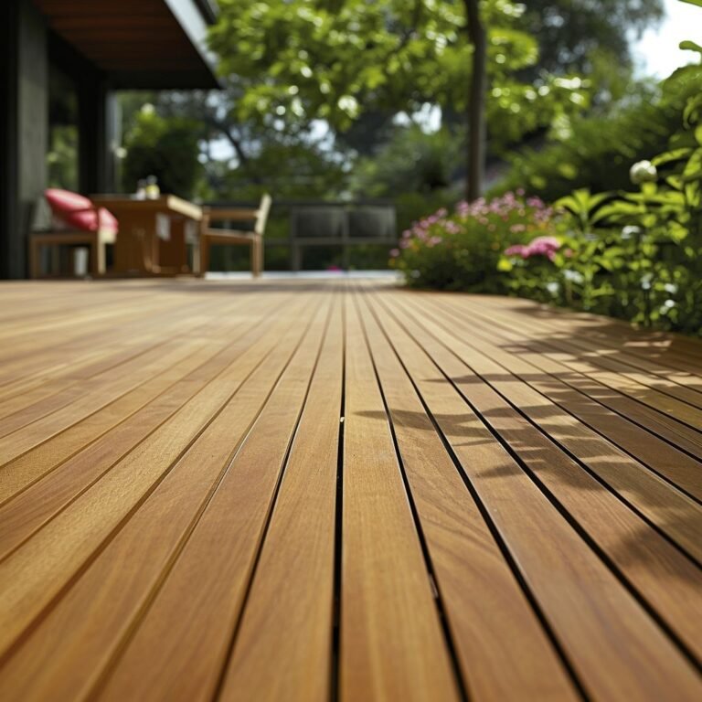 Wooden deck with garden and trees